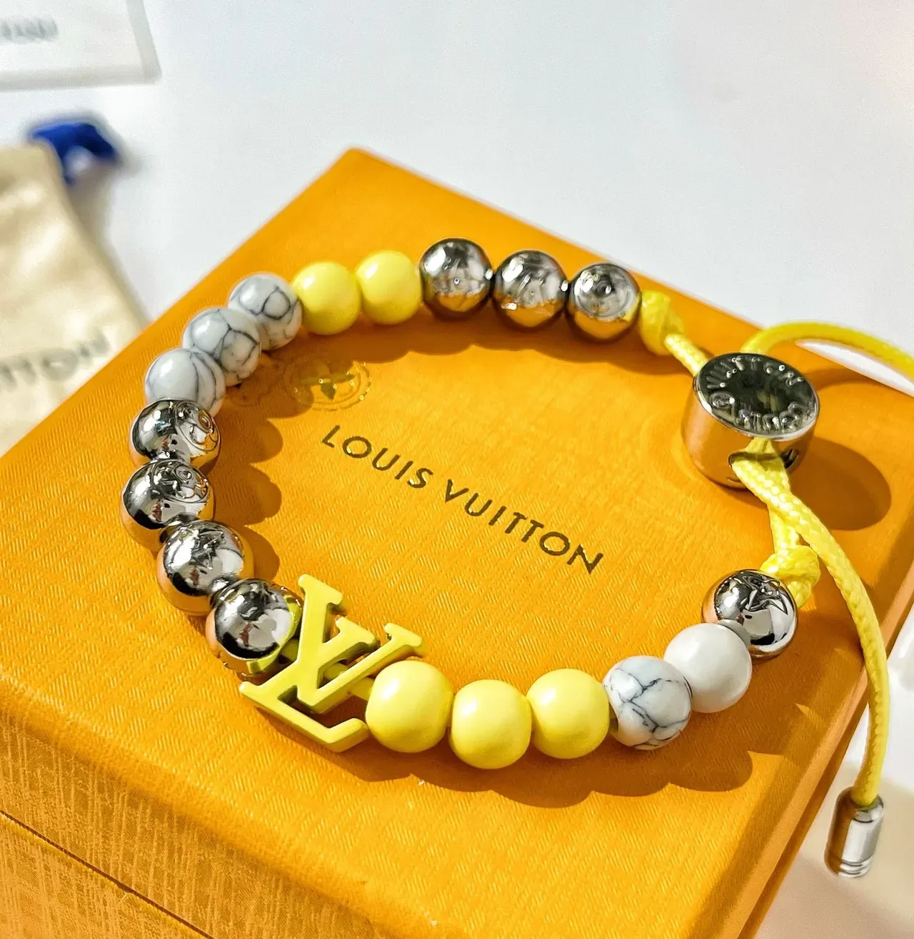 Louis Vuitton Yellow and Silver Beaded LV Logo Bracelet 7