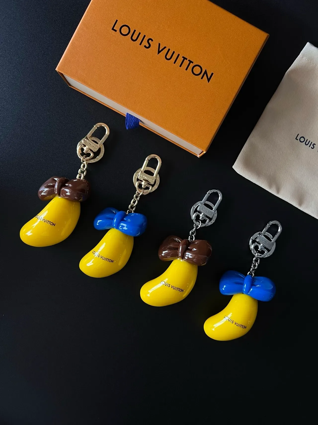 Louis Vuitton Yellow Blue Banana-Shaped Resin Charms Satin-Finish Bows Jewelry 6