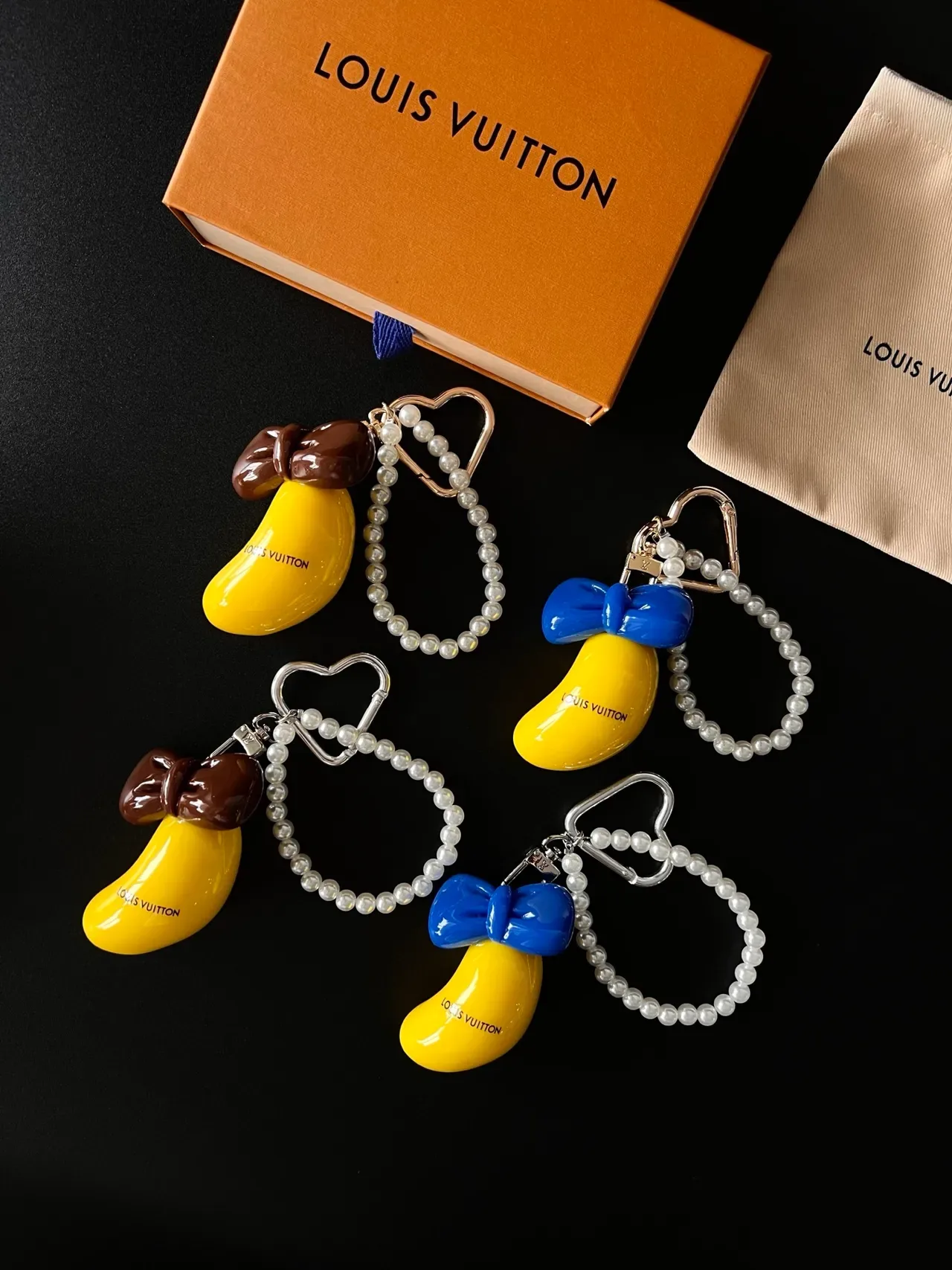 Louis Vuitton Yellow Blue Banana-Shaped Resin Charms Satin-Finish Bows Jewelry 7