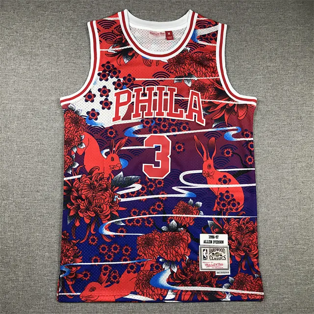 Mitchell & Ness Hardwood Classics 1996-97 Allen Iverson Red Purple Floral Rabbit Jersey 2