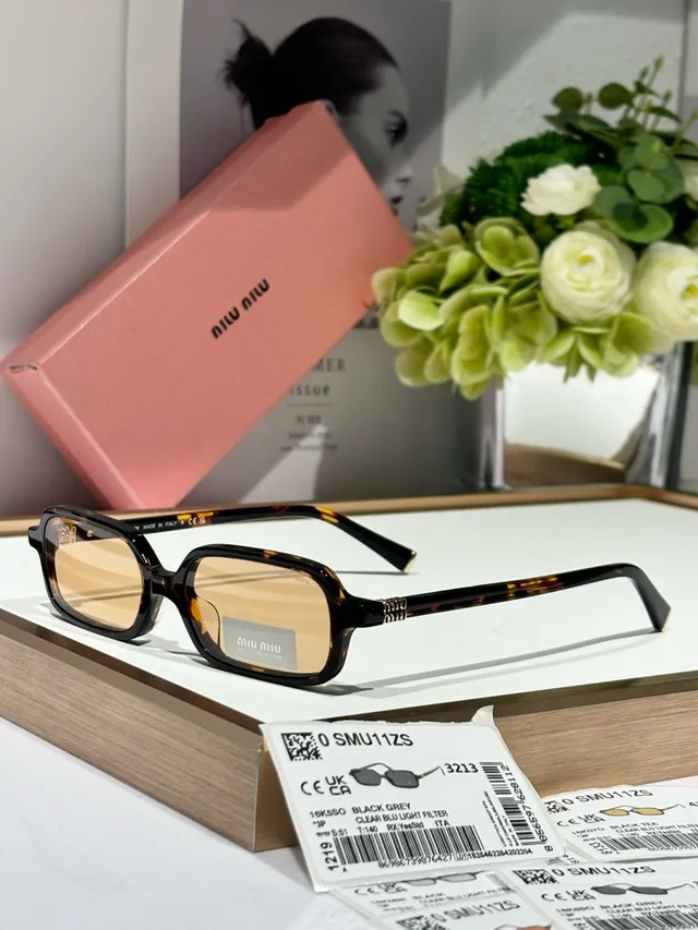 Miu Miu Black Brown Rectangular-Oval Hybrid Frame Thick Acetate Temples Sunglasses 6