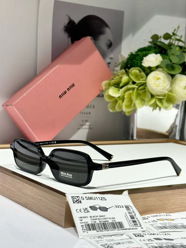 Miu Miu Black Brown Rectangular-Oval Hybrid Frame Thick Acetate Temples Sunglasses 8