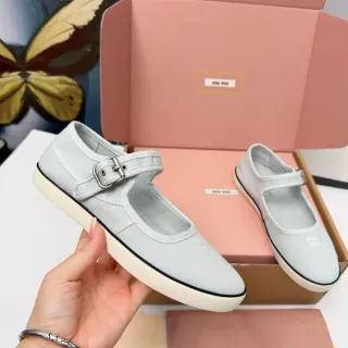 Miu Miu Gray Beige Canvas Upper Off-White Rubber Sole Mary Jane Shoes