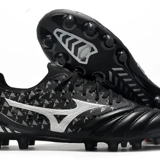 Mizuno Black Silver Quilted Toe Cap Geometric Triangle Print Firm-Ground Soccer Shoes