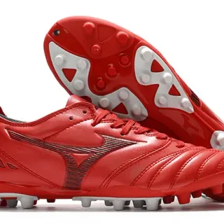 Mizuno Red White Leather-Like Upper Stitched Panel Construction Firm-Ground Soccer Shoes