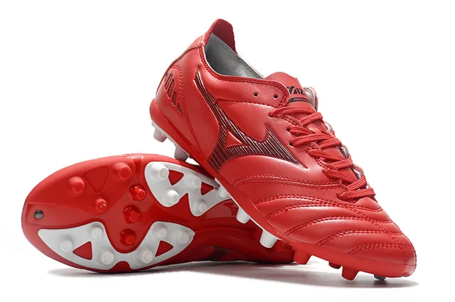 Mizuno Rouge Blanc Similicuir Supérieur Construction Panneaux Cousus Terrain Ferme Chaussures de Football 4