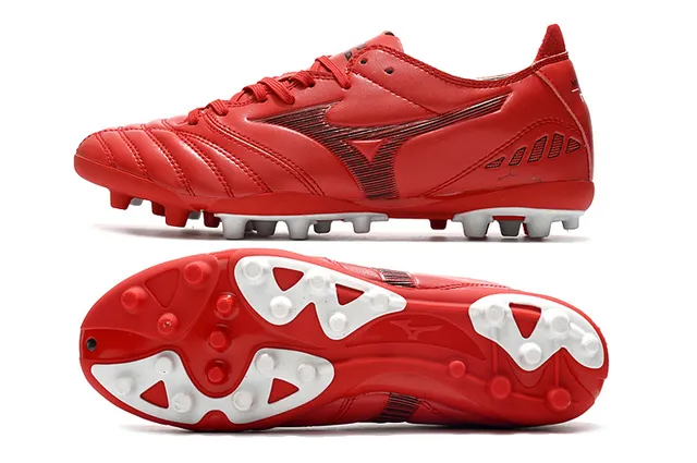 Mizuno Rouge Blanc Similicuir Supérieur Construction Panneaux Cousus Terrain Ferme Chaussures de Football 6