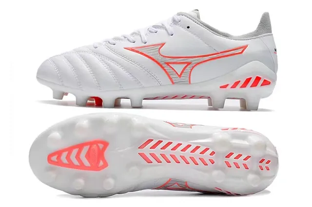 Mizuno أبيض أحمر منخفض القطع مقوى vamp أرض صلبة أحذية كرة القدم 6