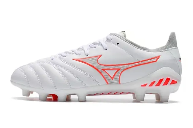 Mizuno أبيض أحمر منخفض القطع مقوى vamp أرض صلبة أحذية كرة القدم 7
