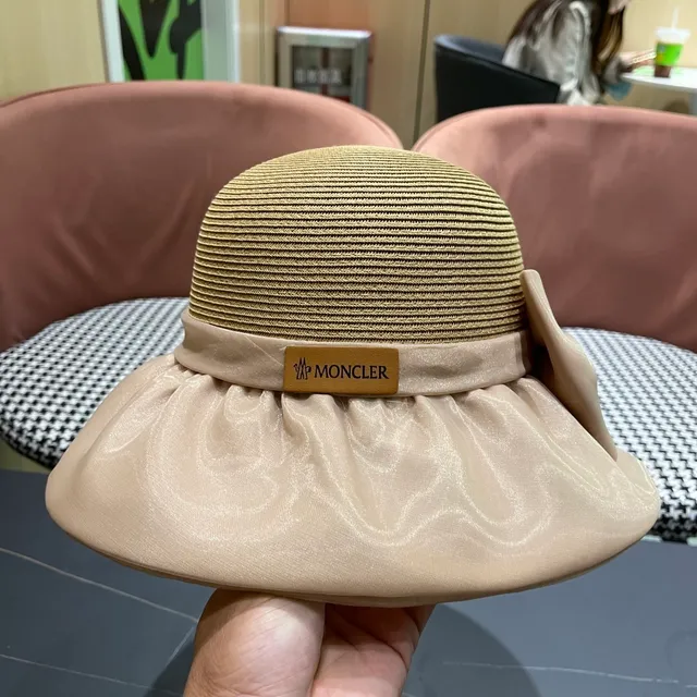 Moncler Beige Structured Woven Crown Satin Ruffled Brim Fedora 4