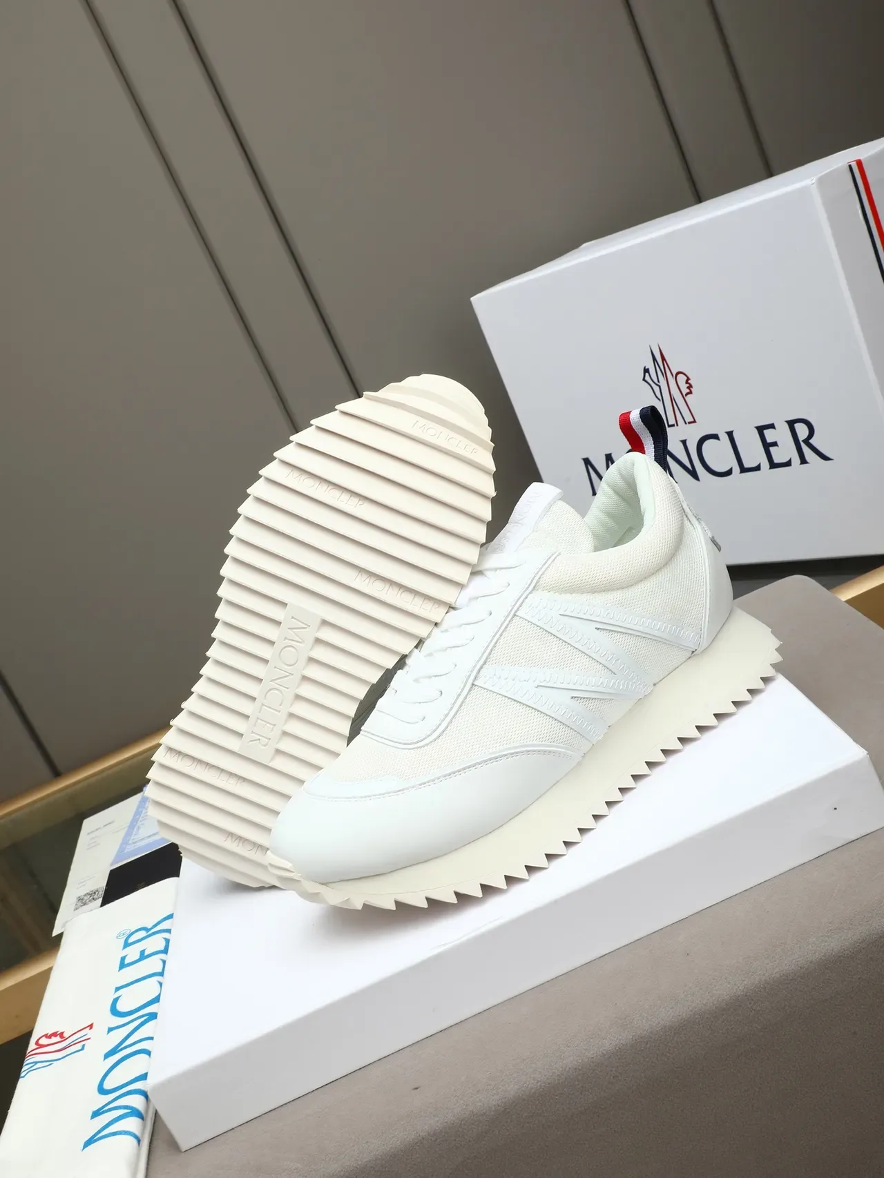 Moncler White Red Laceless Low-Top Mesh And Synthetic Upper Sneakers 3