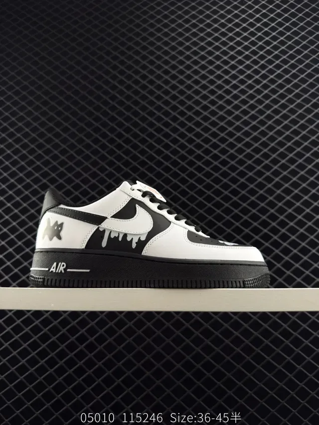 Nike Air Force 1 Low White Black Drip-Paint Star-Cat Lifestyle Sneakers 6