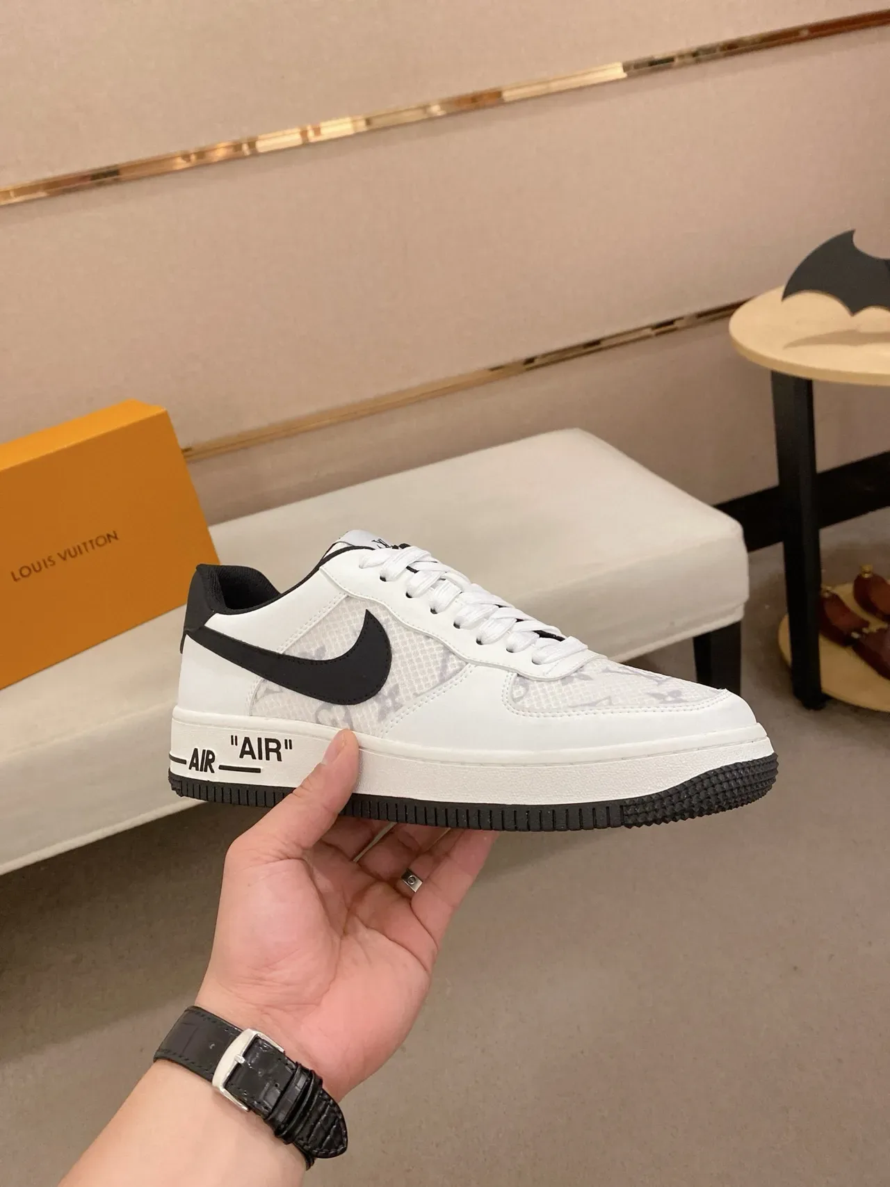 Nike Air Force 1 White Black Monogram Mesh Lifestyle Sneakers 9