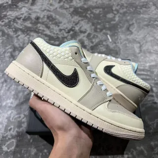 Nike Air Jordan 1 Low Beige Black Woven Heel Lifestyle Sneakers