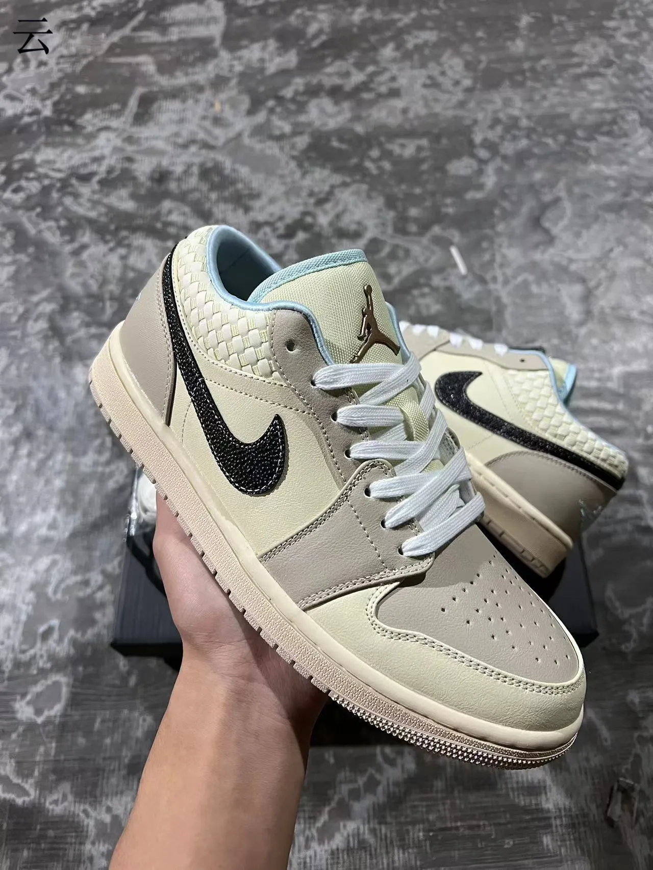 Nike Air Jordan 1 Low Beige Black Woven Heel Lifestyle Sneakers 2