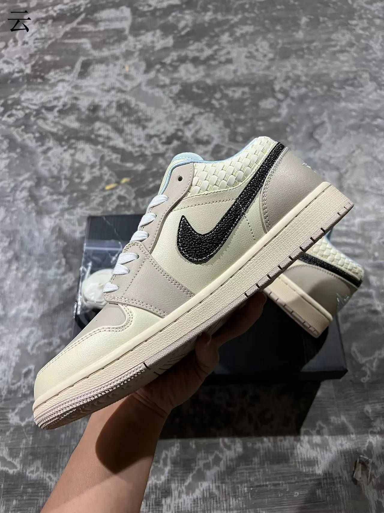 Nike Air Jordan 1 Low Beige Black Woven Heel Lifestyle Sneakers 5