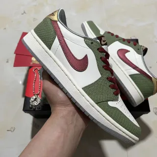 Nike Air Jordan 1 Low Olive Green Red Croc-Embossed Lifestyle Sneakers