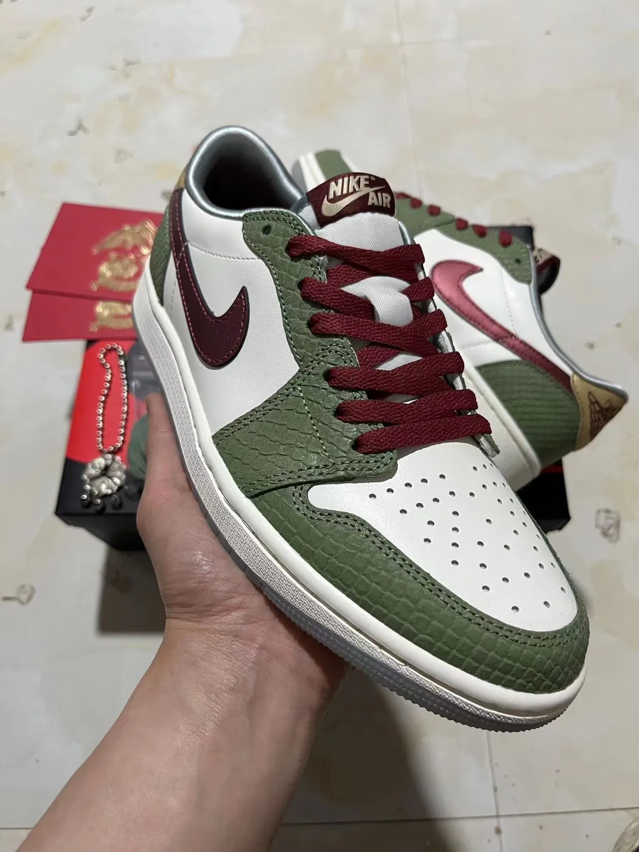 Nike Air Jordan 1 Low Olive Green Red Croc-Embossed Lifestyle Sneakers 2