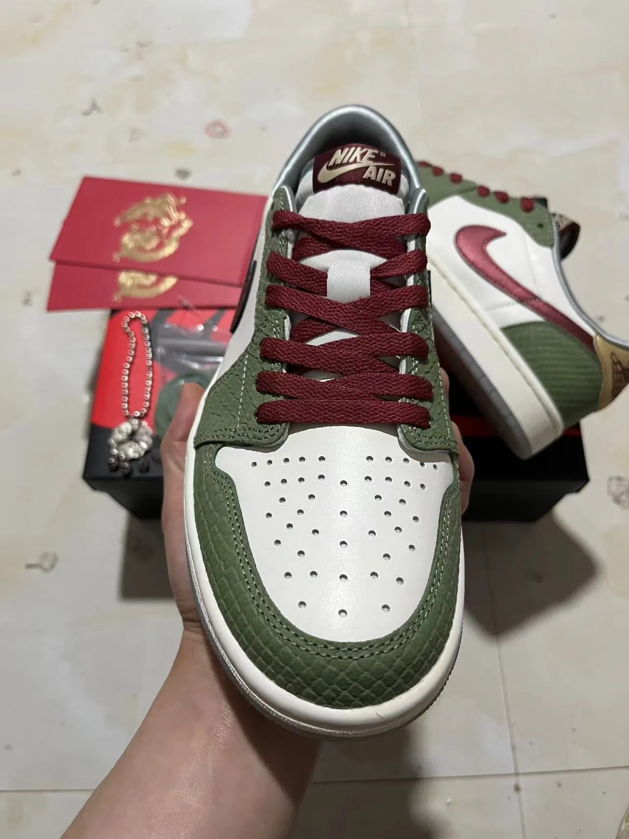 Nike Air Jordan 1 Low Olive Green Red Croc-Embossed Lifestyle Sneakers 3