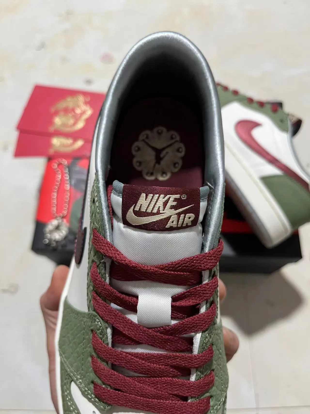 Nike Air Jordan 1 Low Olive Green Red Croc-Embossed Lifestyle Sneakers 4