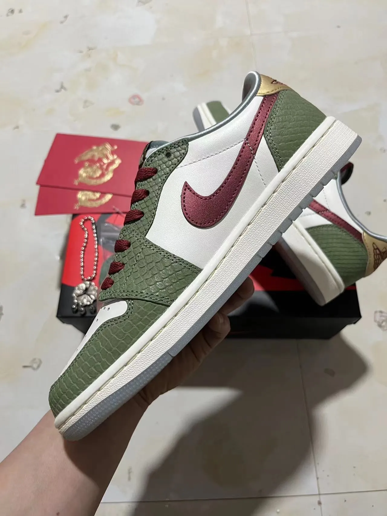 Nike Air Jordan 1 Low Olive Green Red Croc-Embossed Lifestyle Sneakers 5