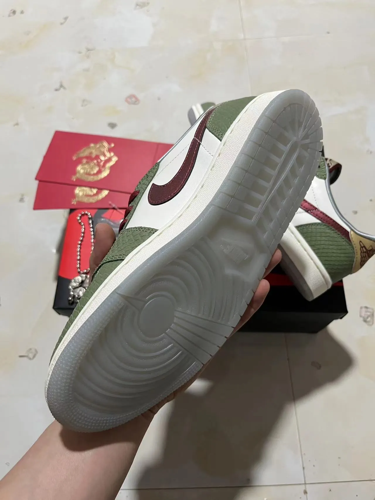 Nike Air Jordan 1 Low Olive Green Red Croc-Embossed Lifestyle Sneakers 6