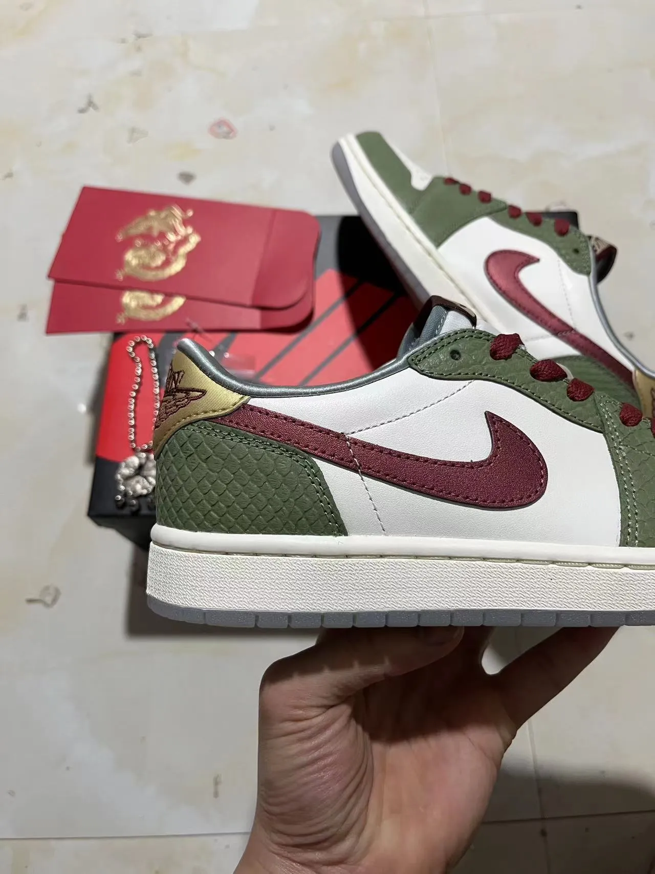 Nike Air Jordan 1 Low Olive Green Red Croc-Embossed Lifestyle Sneakers 7