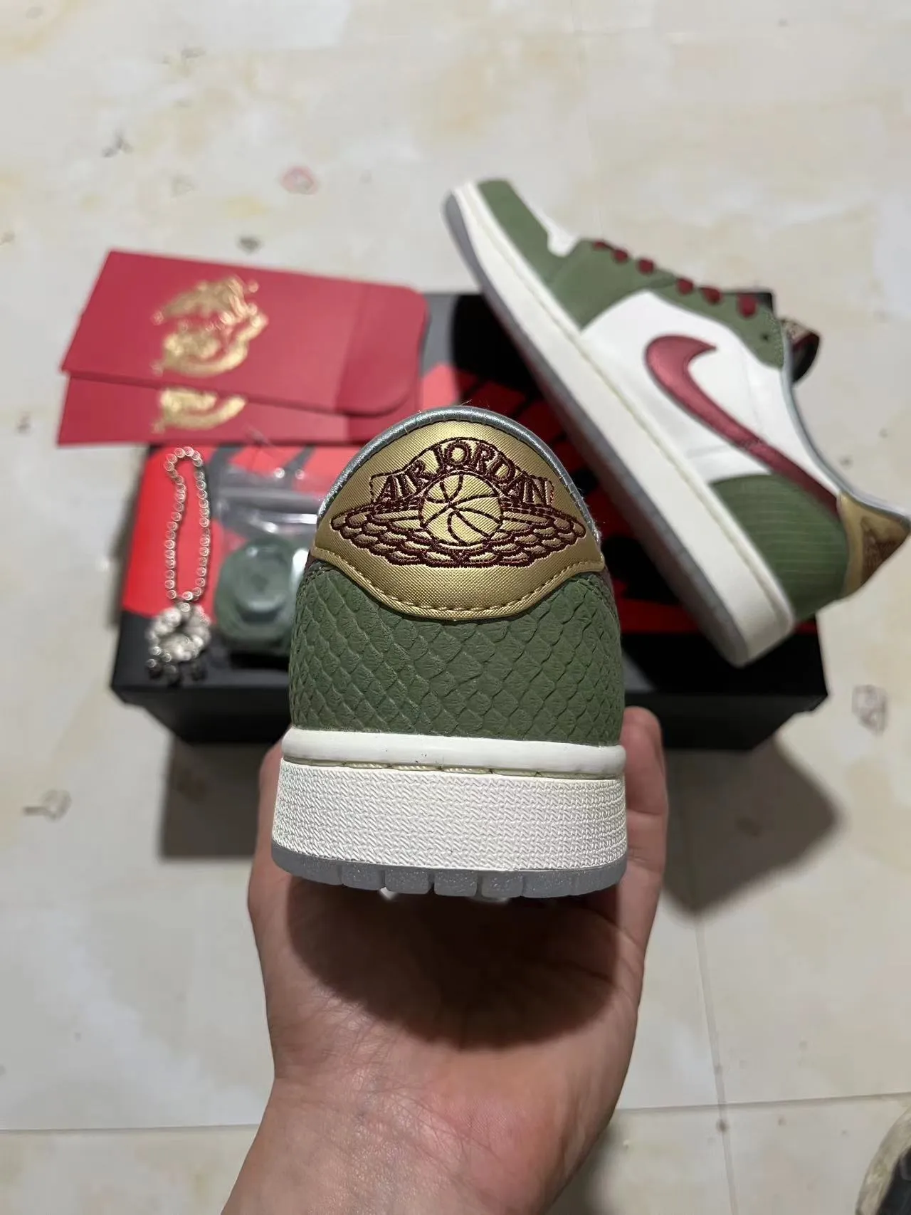 Nike Air Jordan 1 Low Olive Green Red Croc-Embossed Lifestyle Sneakers 8
