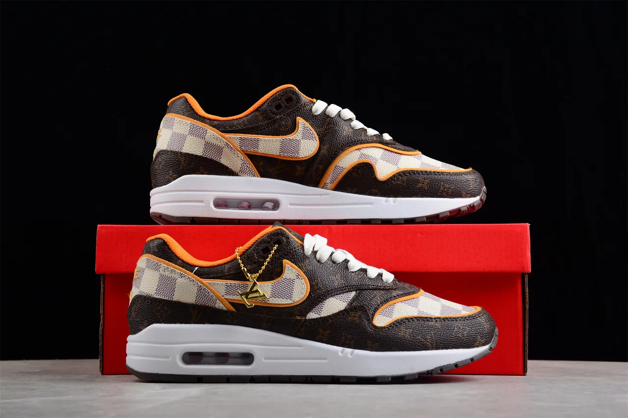 Nike Air Max 1 Brown Monogram and Checkerboard Lifestyle Sneakers 16