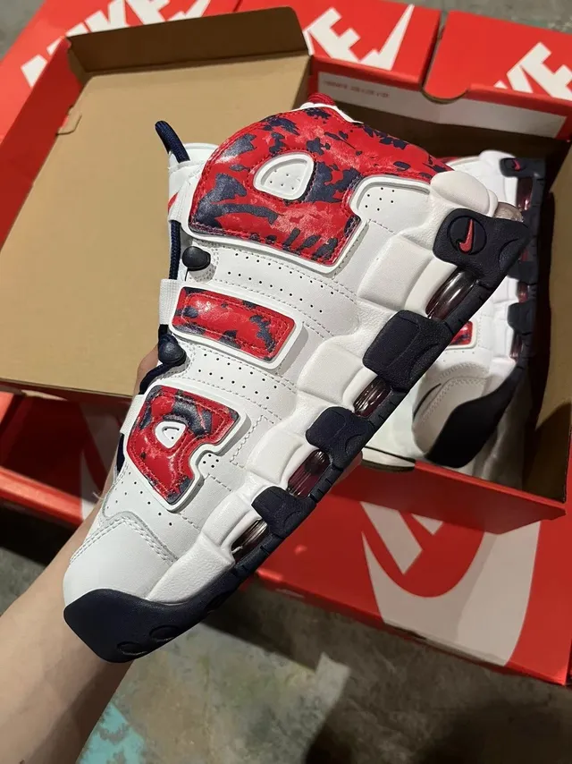 Nike Air More Uptempo Vermelho Marinho Camuflado Tênis de Basquete 3