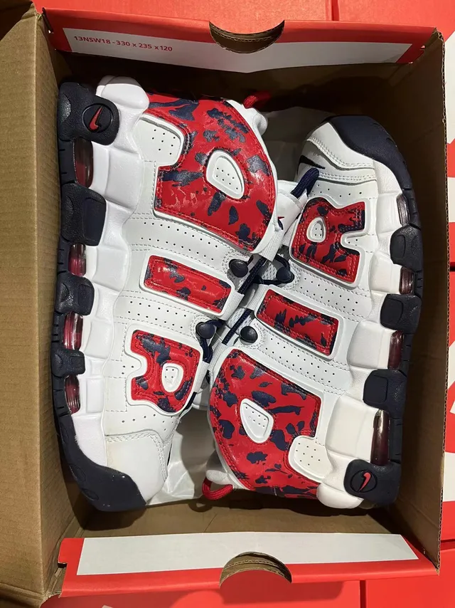 Nike Air More Uptempo Vermelho Marinho Camuflado Tênis de Basquete 6