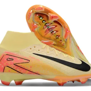 Nike Beige Orange High-Cut Sock-Fit Upper Translucent TPU Sole Plate Firm-Ground Soccer Shoes
