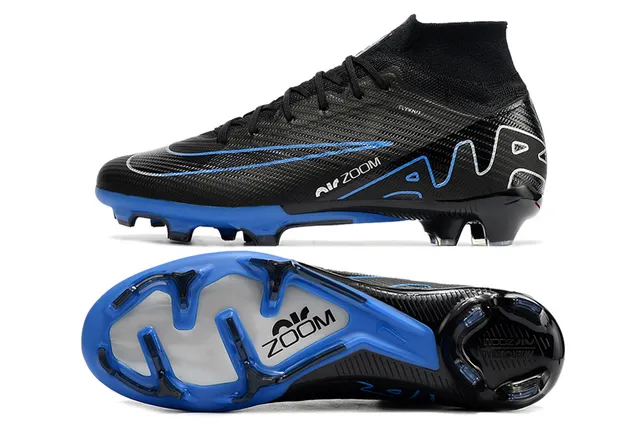Nike Black Blue High-Cut Sock-Fit Collar Flyknit Upper Firm-Ground Soccer Shoes 5