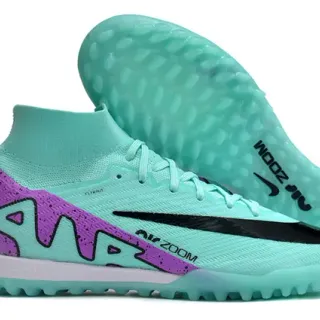 Nike Azul Púrpura High-Cut Flyknit Collar Speckled Heel Overlay Turf Zapatos de Fútbol