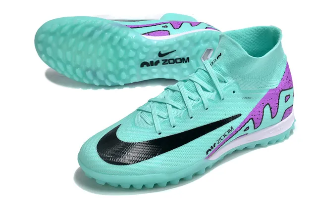 Nike Bleu Violet Haut-Coupé Flyknit Col Tacheté Talon Superposition Pelouse Chaussures de football 3