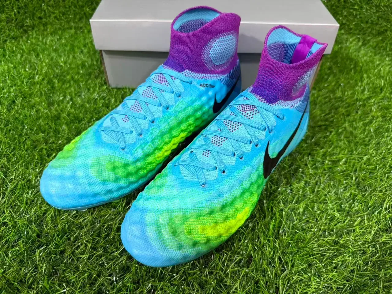Nike Azul e Roxo Sock-Fit Knit Upper Translucente TPU Cage Firm-Ground Sapatos de Futebol 4
