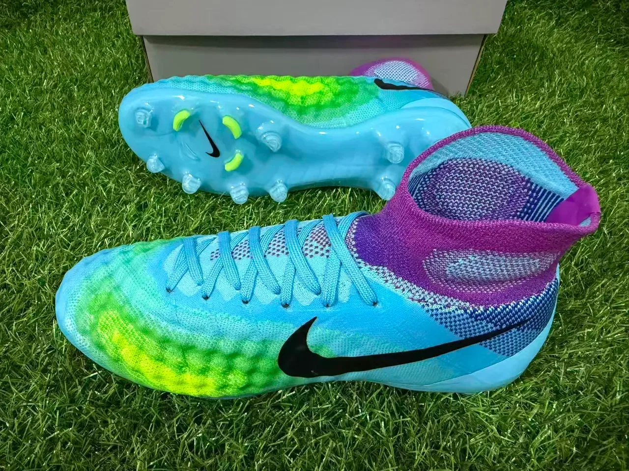 Nike Azul e Roxo Sock-Fit Knit Upper Translucente TPU Cage Firm-Ground Sapatos de Futebol 6