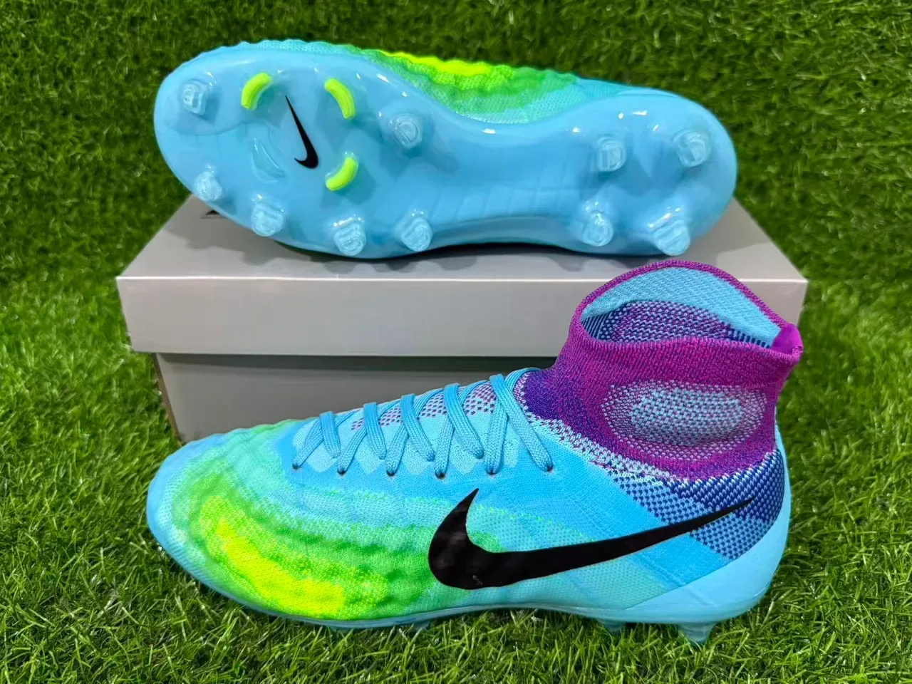Nike Azul e Roxo Sock-Fit Knit Upper Translucente TPU Cage Firm-Ground Sapatos de Futebol 7