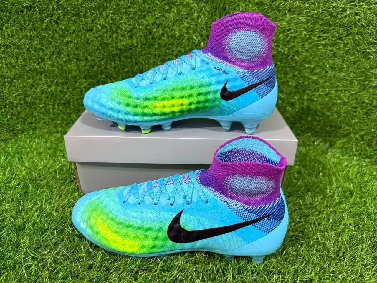 Nike Azul e Roxo Sock-Fit Knit Upper Translucente TPU Cage Firm-Ground Sapatos de Futebol 8
