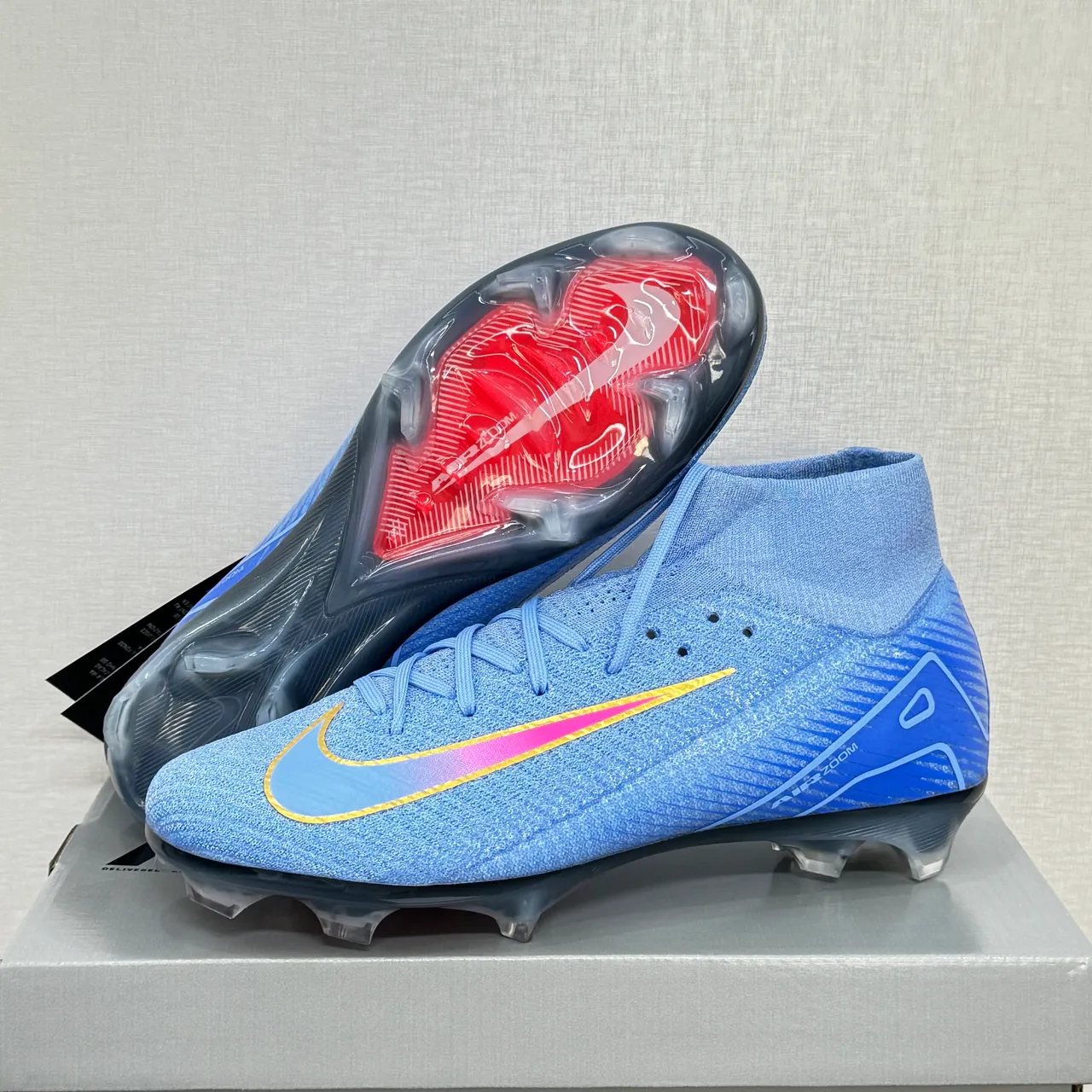 Nike Blue Red High-Cut Flyknit Upper Iridescent Swoosh Firm-Ground Soccer Shoes 8