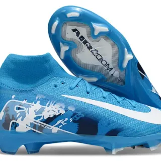 Nike Blue White High-Cut Sock-Fit Collar Flyknit Upper Firm-Ground Soccer Shoes