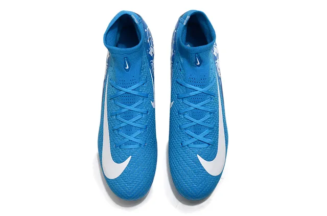 Nike Blue White High-Cut Sock-Fit Collar Flyknit Upper Firm-Ground Soccer Shoes 2