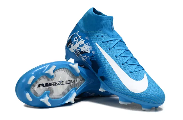 Nike Blue White High-Cut Sock-Fit Collar Flyknit Upper Firm-Ground Soccer Shoes 3