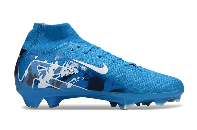 Nike Blue White High-Cut Sock-Fit Collar Flyknit Upper Firm-Ground Soccer Shoes 7