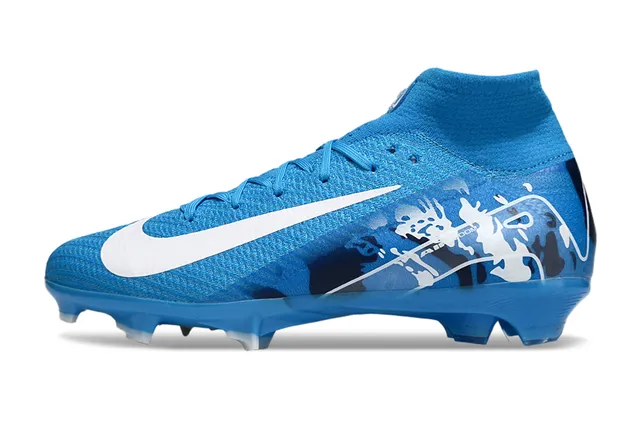 Nike Blue White High-Cut Sock-Fit Collar Flyknit Upper Firm-Ground Soccer Shoes 8