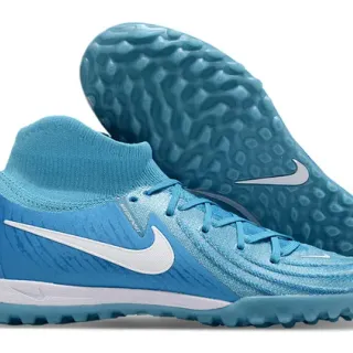 Nike नीला सफेद सॉक-फिट क्निट अपर कॉनिकल स्टड्स टर्फ फुटबॉल जूते