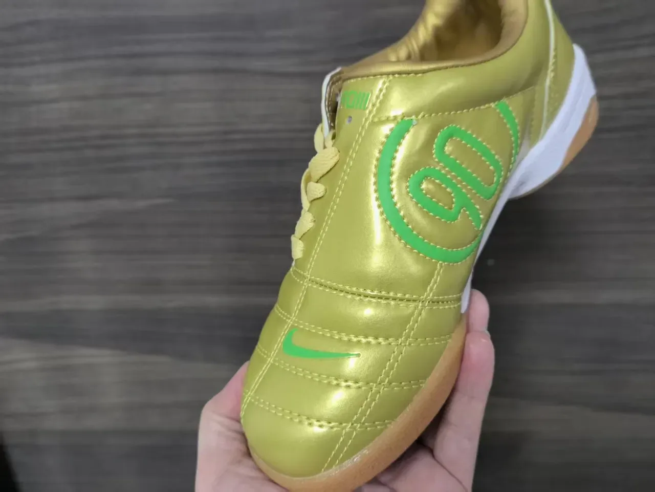 Nike Gold Green Metallic Quilted Upper Swoosh Branding Indoor Soccer Shoes 5