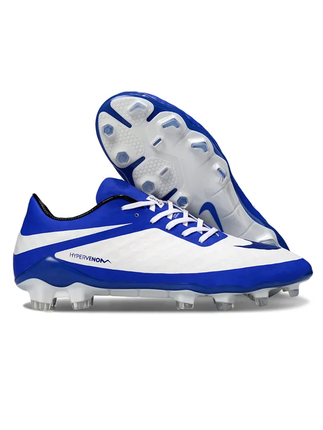 Nike HyperVenom Blanc Bleu Bas Lacets Synthétique Texturé Supérieur Terrain Ferme Chaussures de Football 2