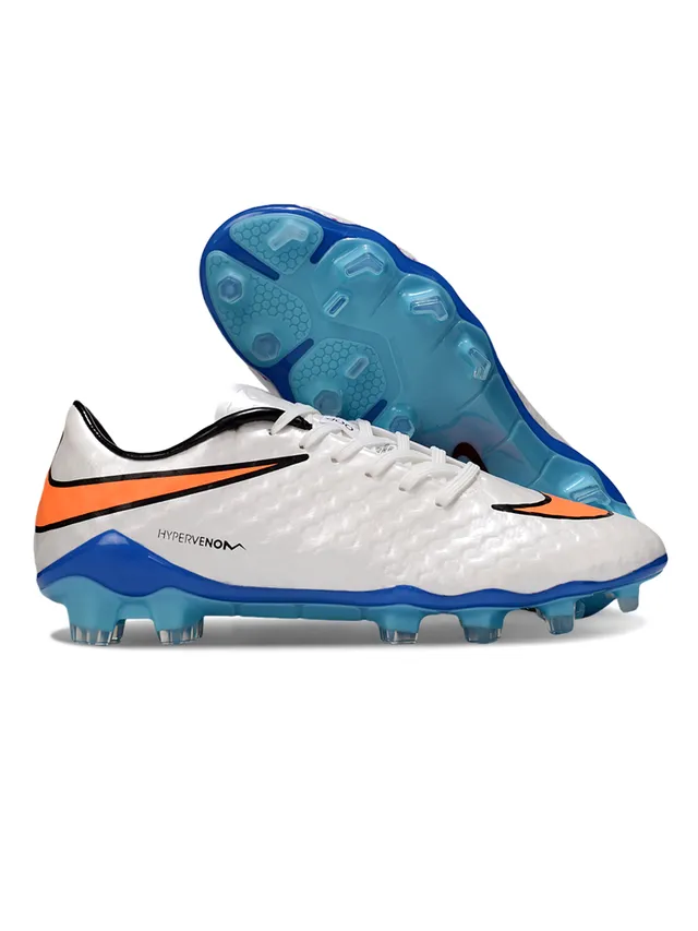 Nike HyperVenom Blanc Bleu Bas Lacets Synthétique Texturé Supérieur Terrain Ferme Chaussures de Football 4