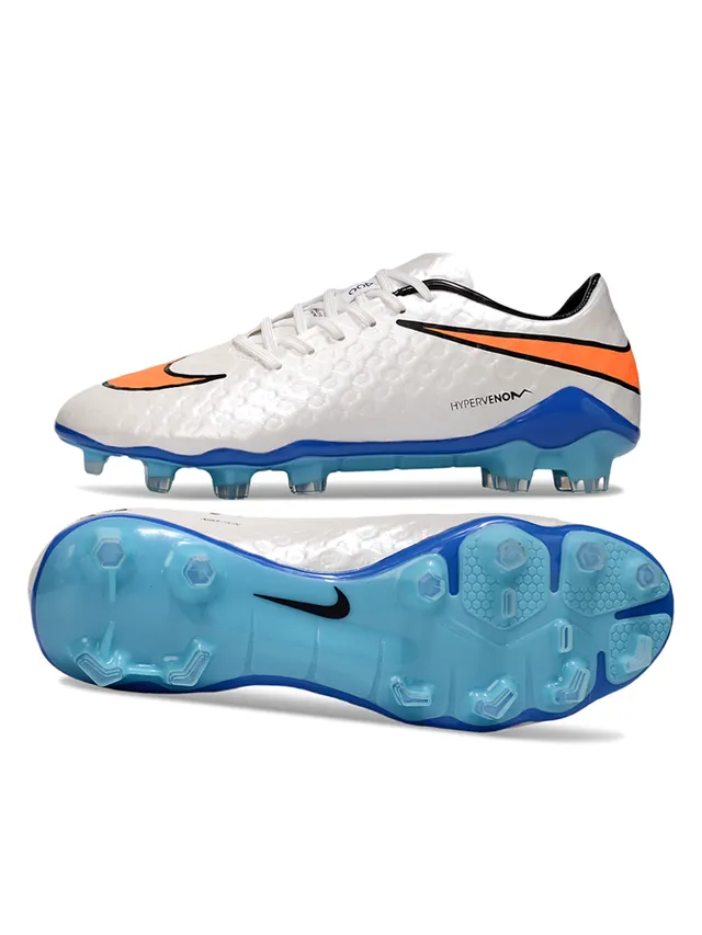 Nike HyperVenom Blanc Bleu Bas Lacets Synthétique Texturé Supérieur Terrain Ferme Chaussures de Football 14